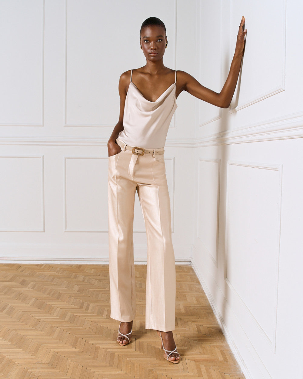 Access High-Waist Pants with Glossy Finish beige