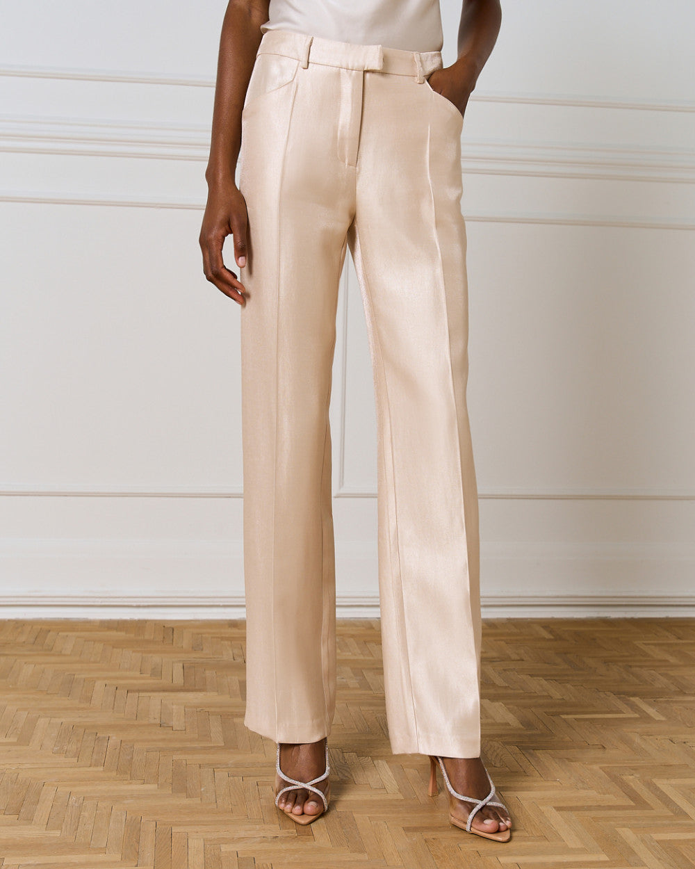 Access High-Waist Pants with Glossy Finish beige