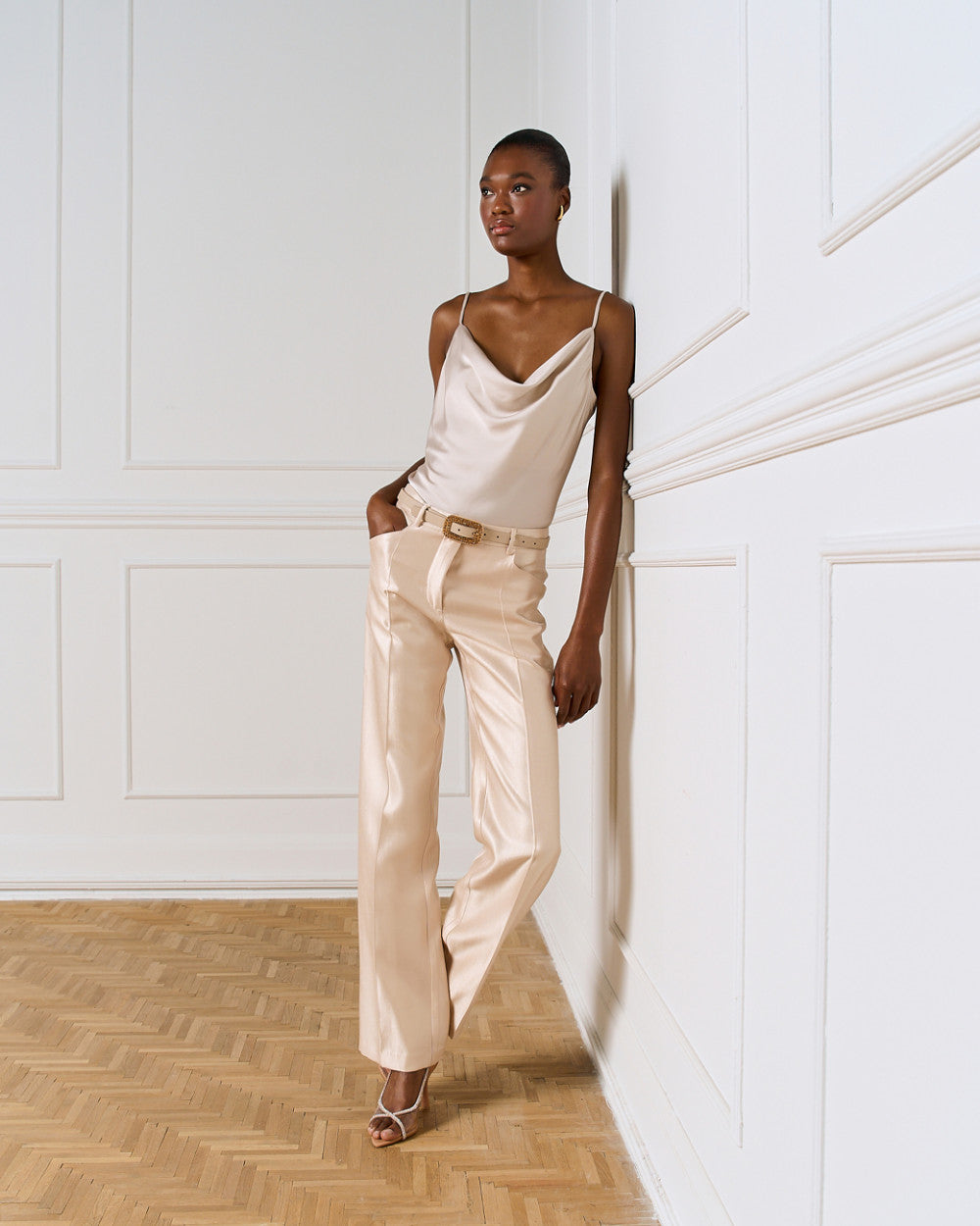 Access High-Waist Pants with Glossy Finish beige