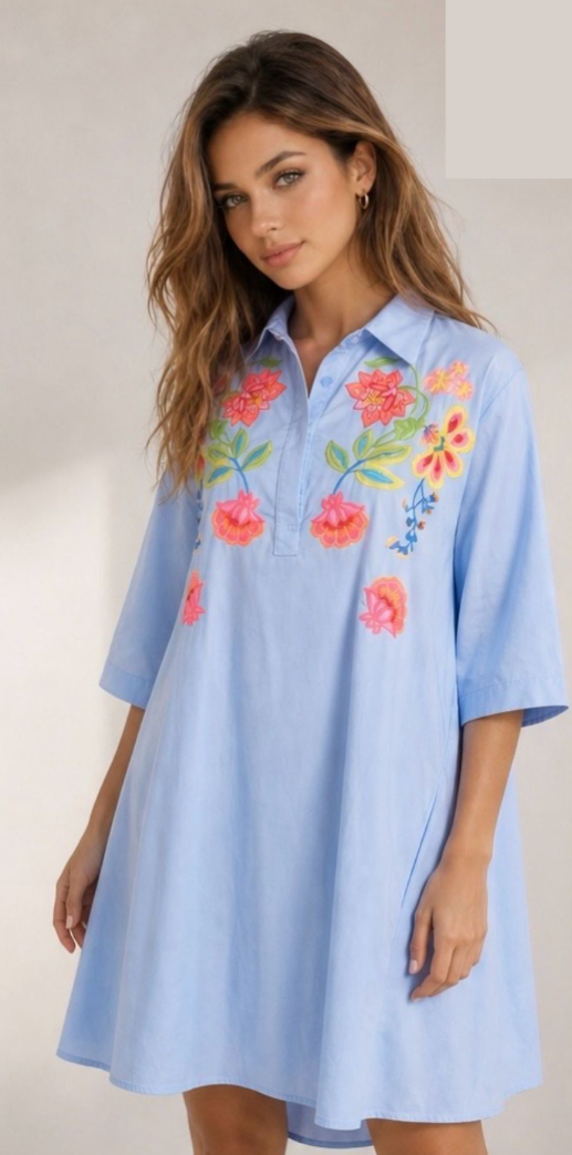 MVD Flower Embroidery Dress Blue