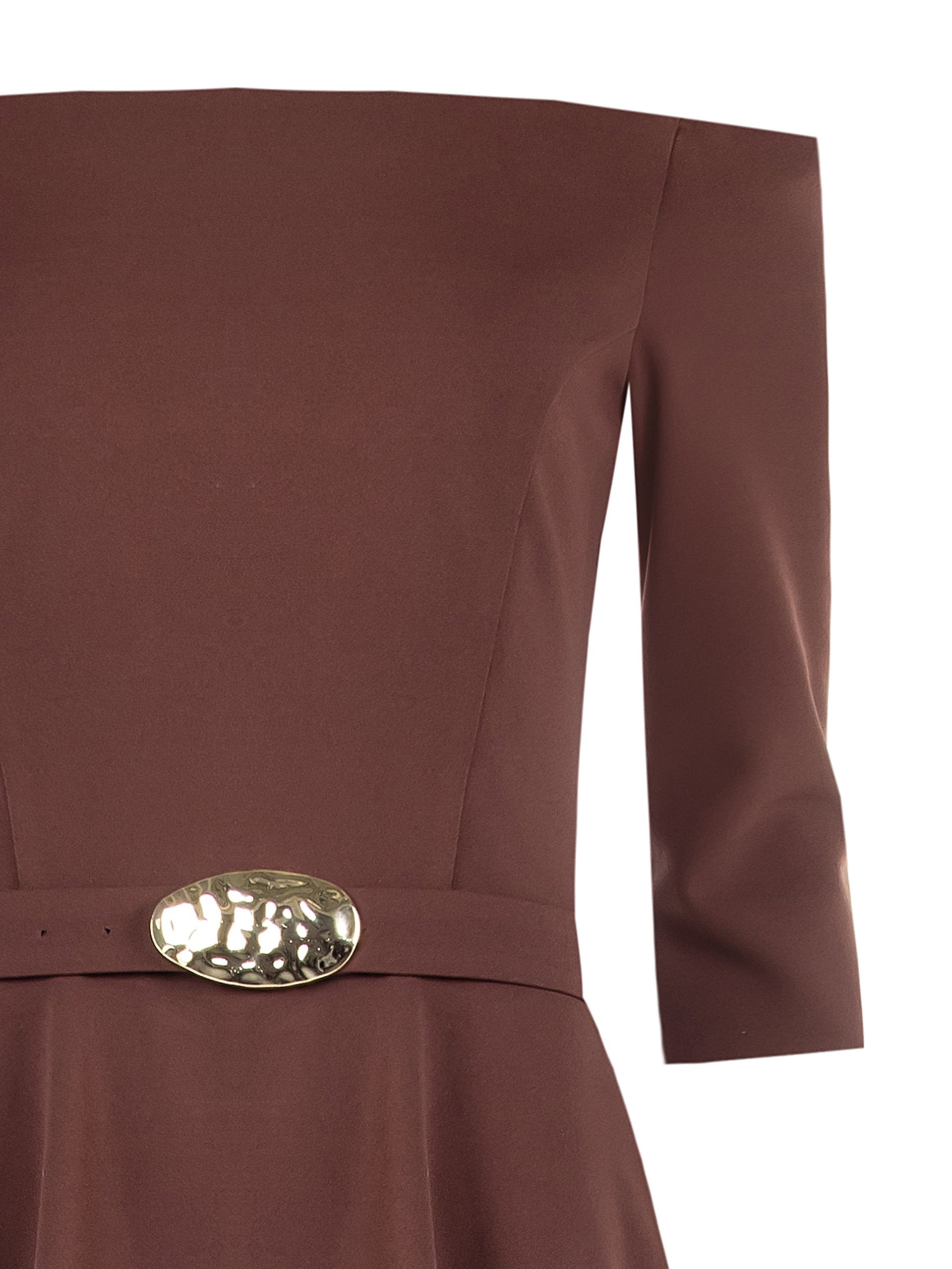 Rinascimento Belted Bateau Neck Midi Dress Bruin