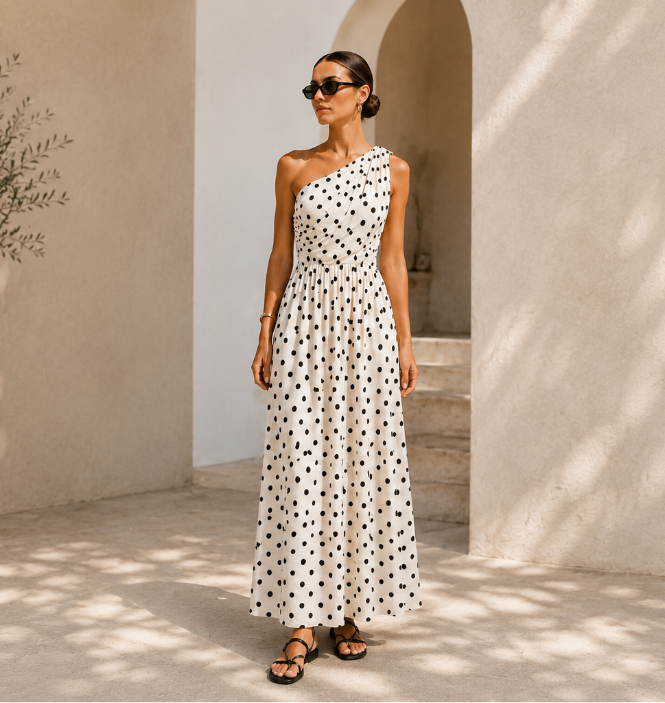 MVD One Shoulder Polkadot Maxi Jurk Beige