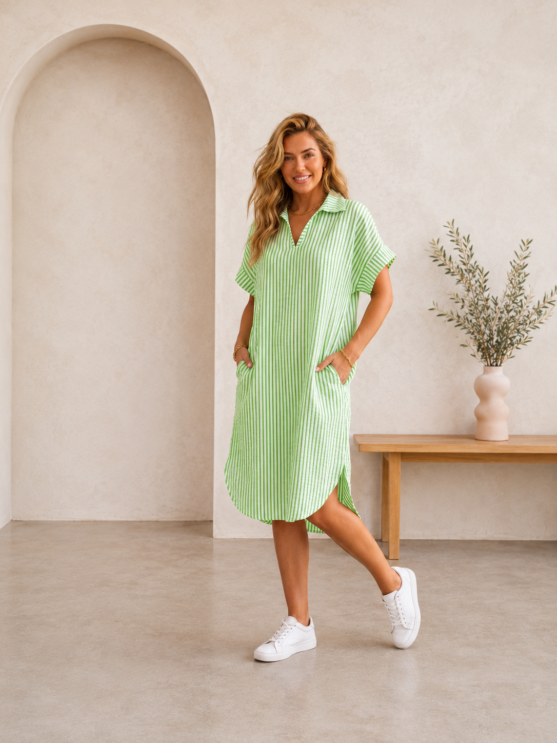 MVD Mousseline Streep Jurk Groen