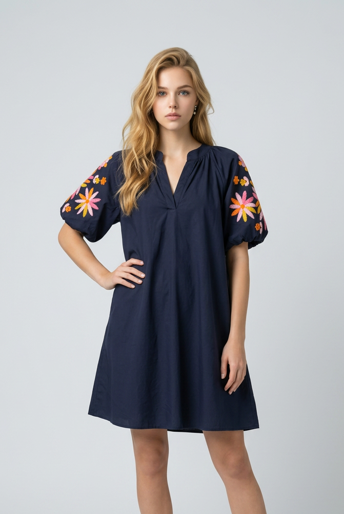 MVD Flower Sleeve Jurk Navy