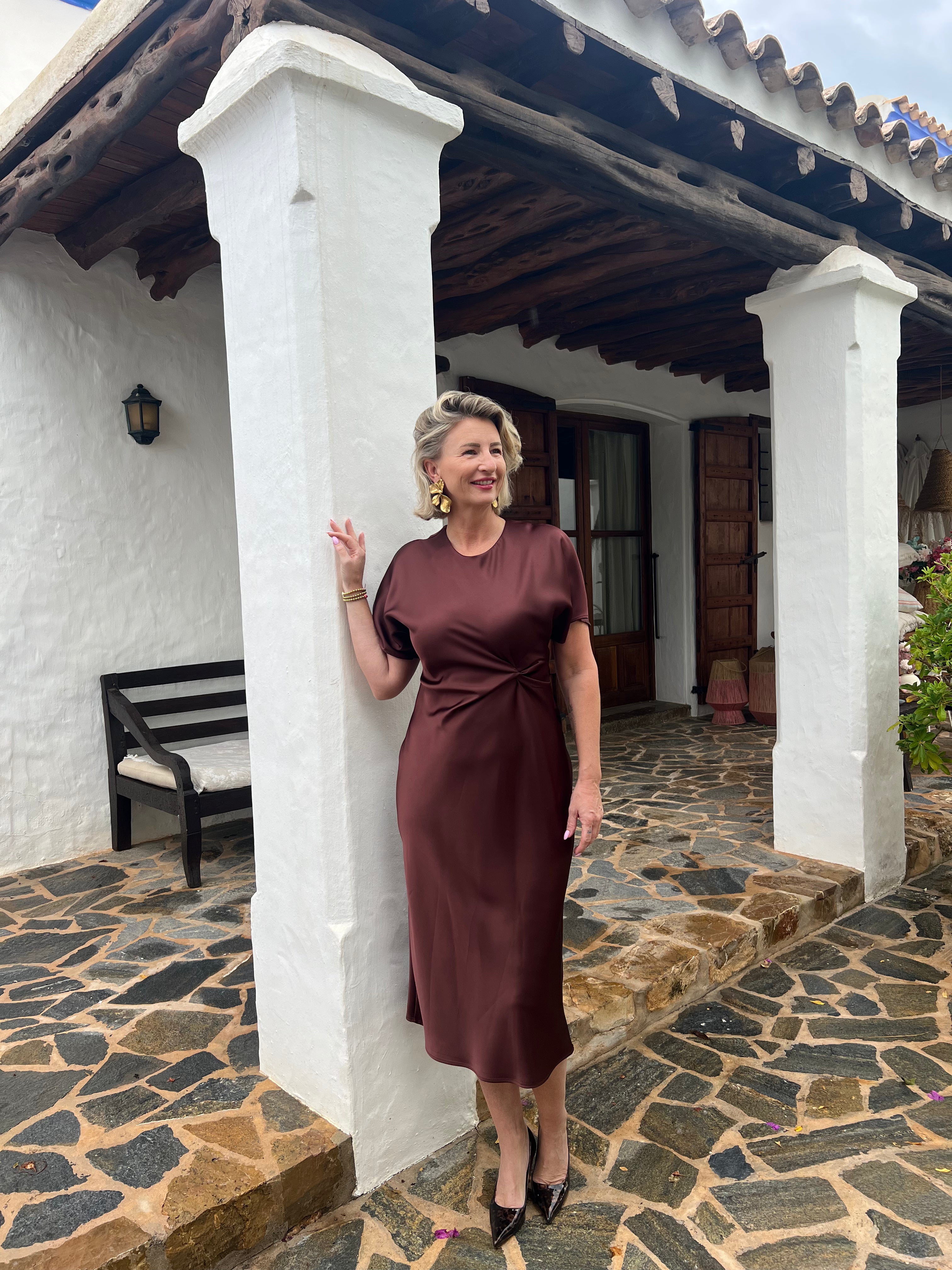 Rinascimento Satijnen Jurk Bruin