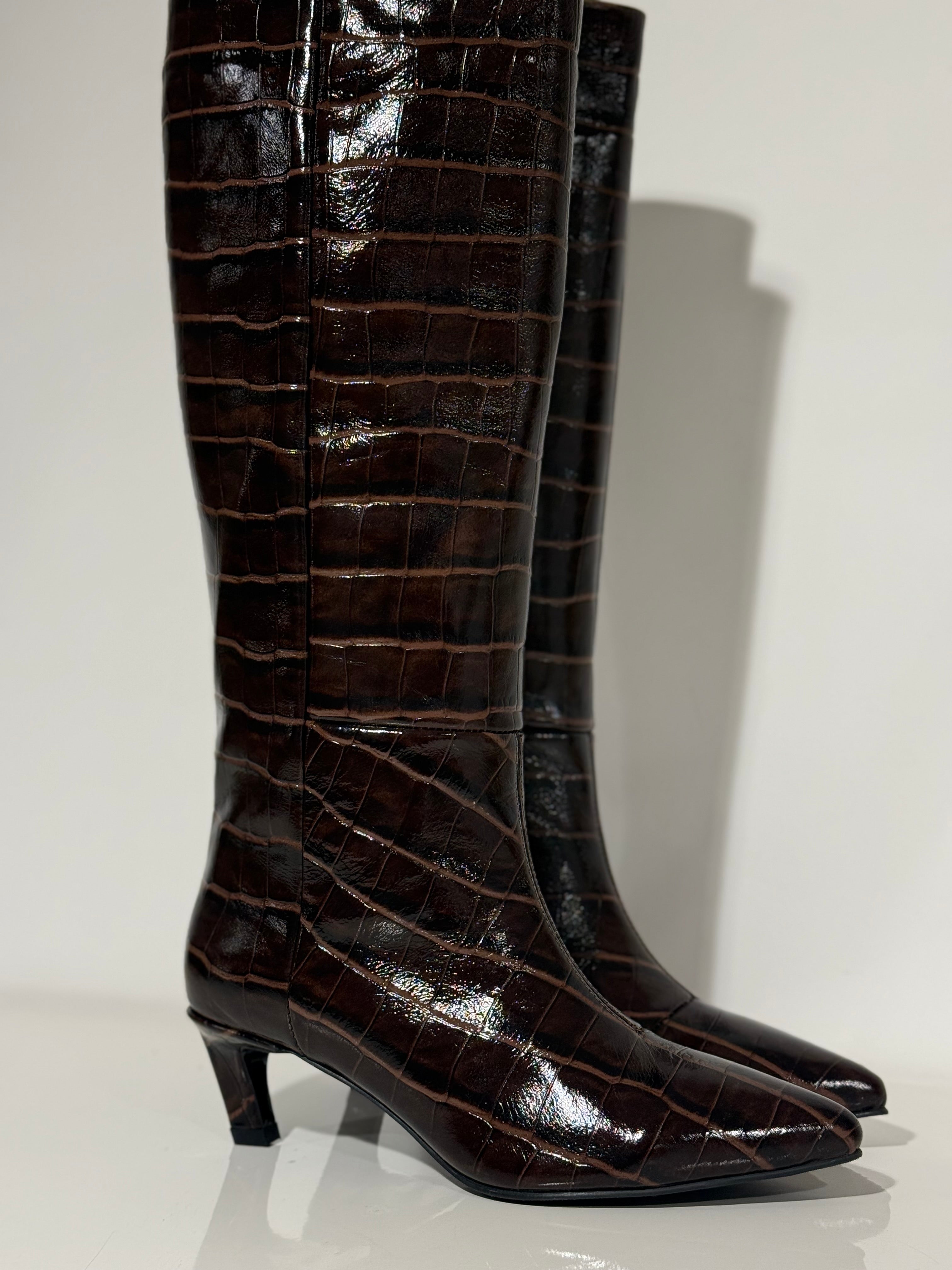Babouche Maggy Croco Laarzen Donkerbruin