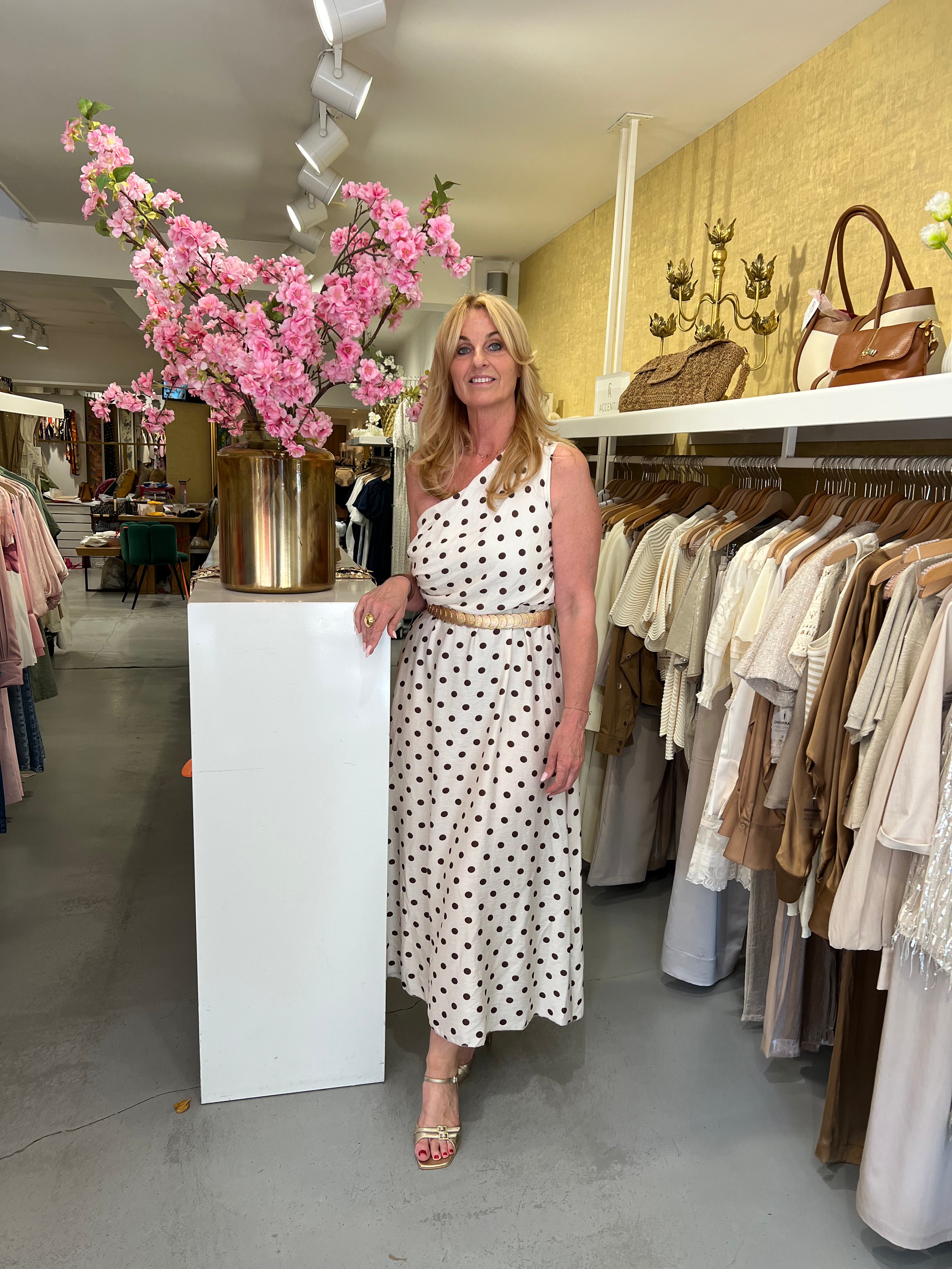 MVD One Shoulder Polkadot Maxi Jurk Beige