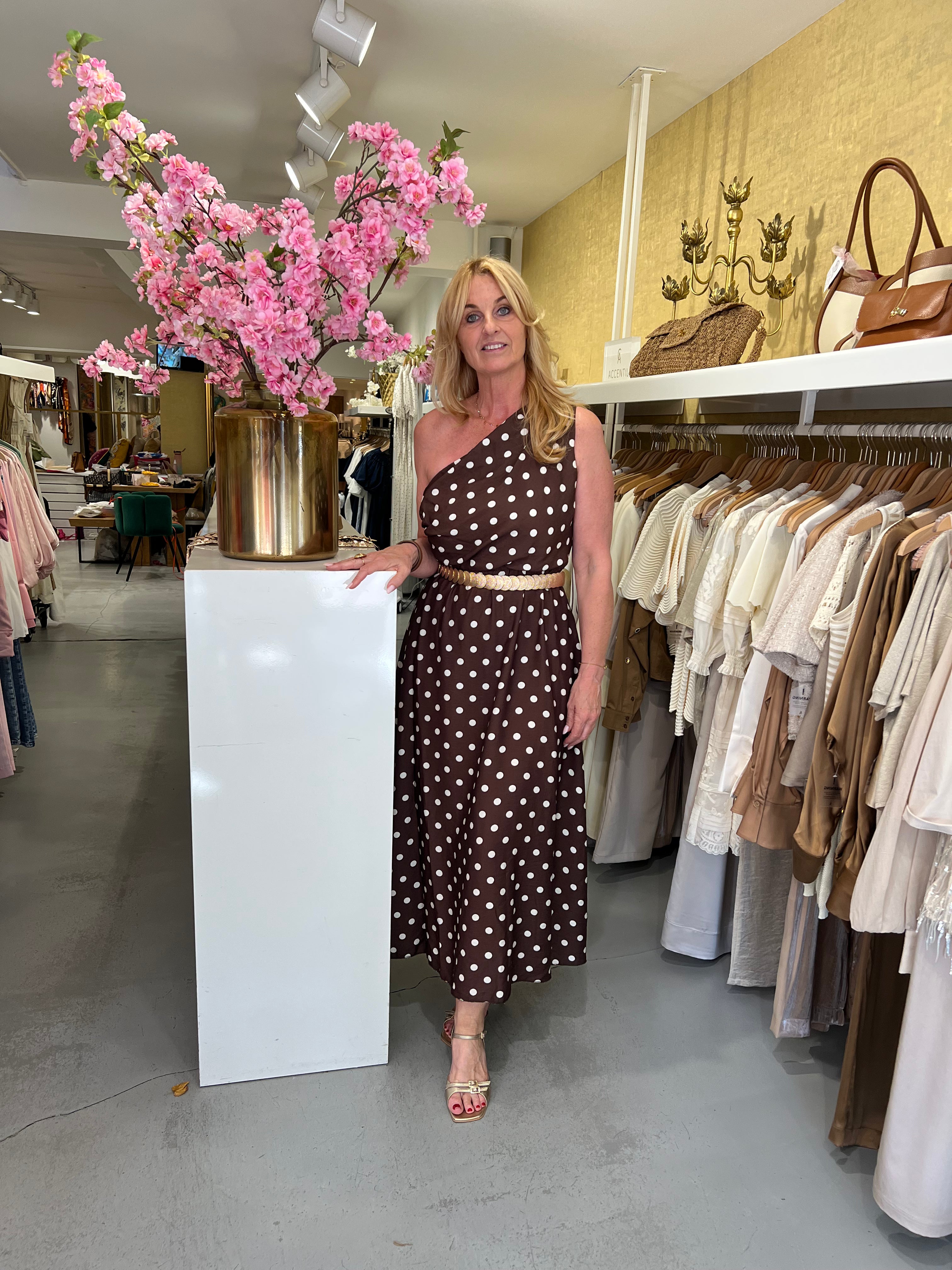 MVD One Shoulder Polkadot Maxi Jurk Brown