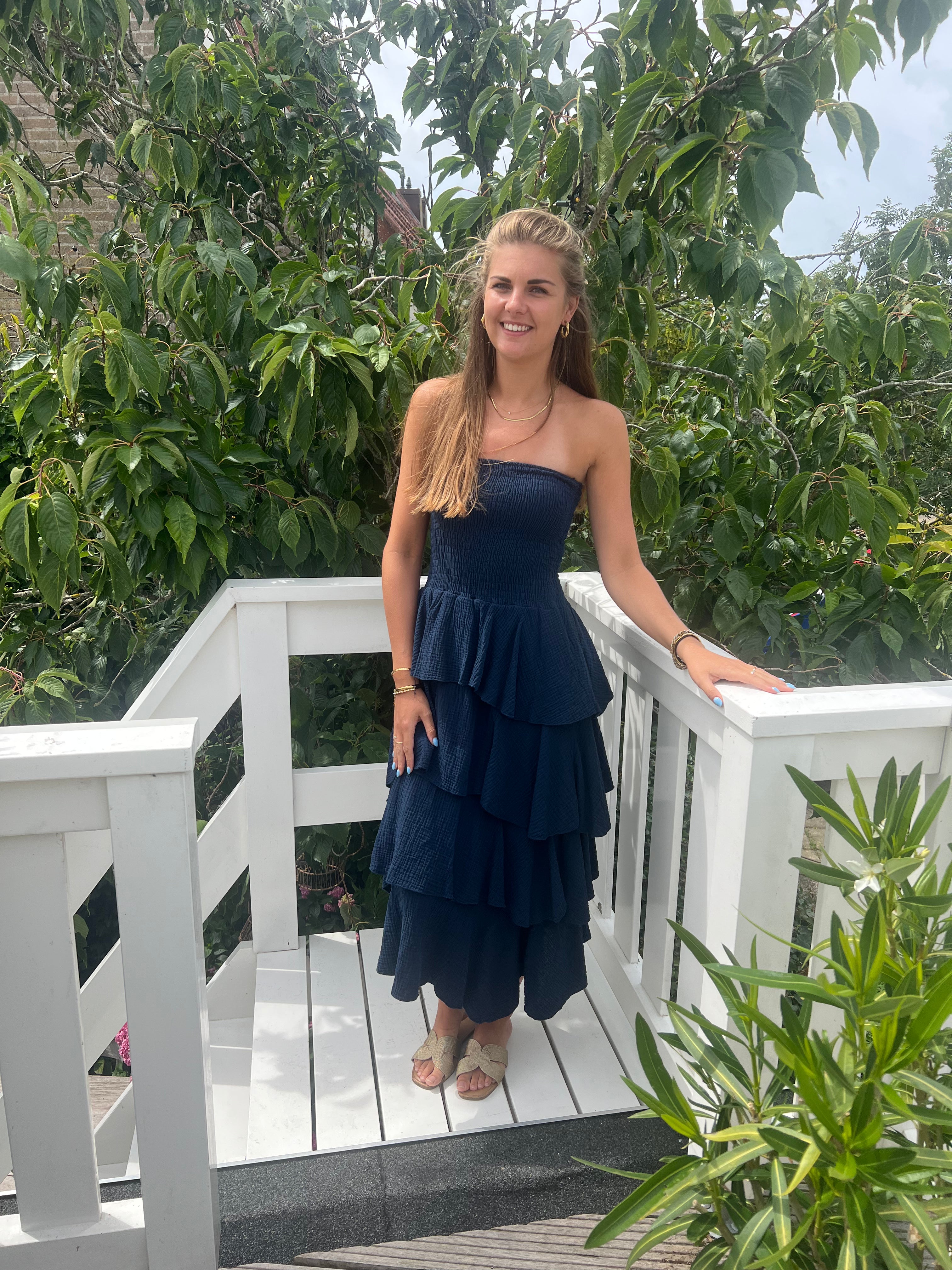 MVD Mousseline Strapless Maxi Jurk Navy