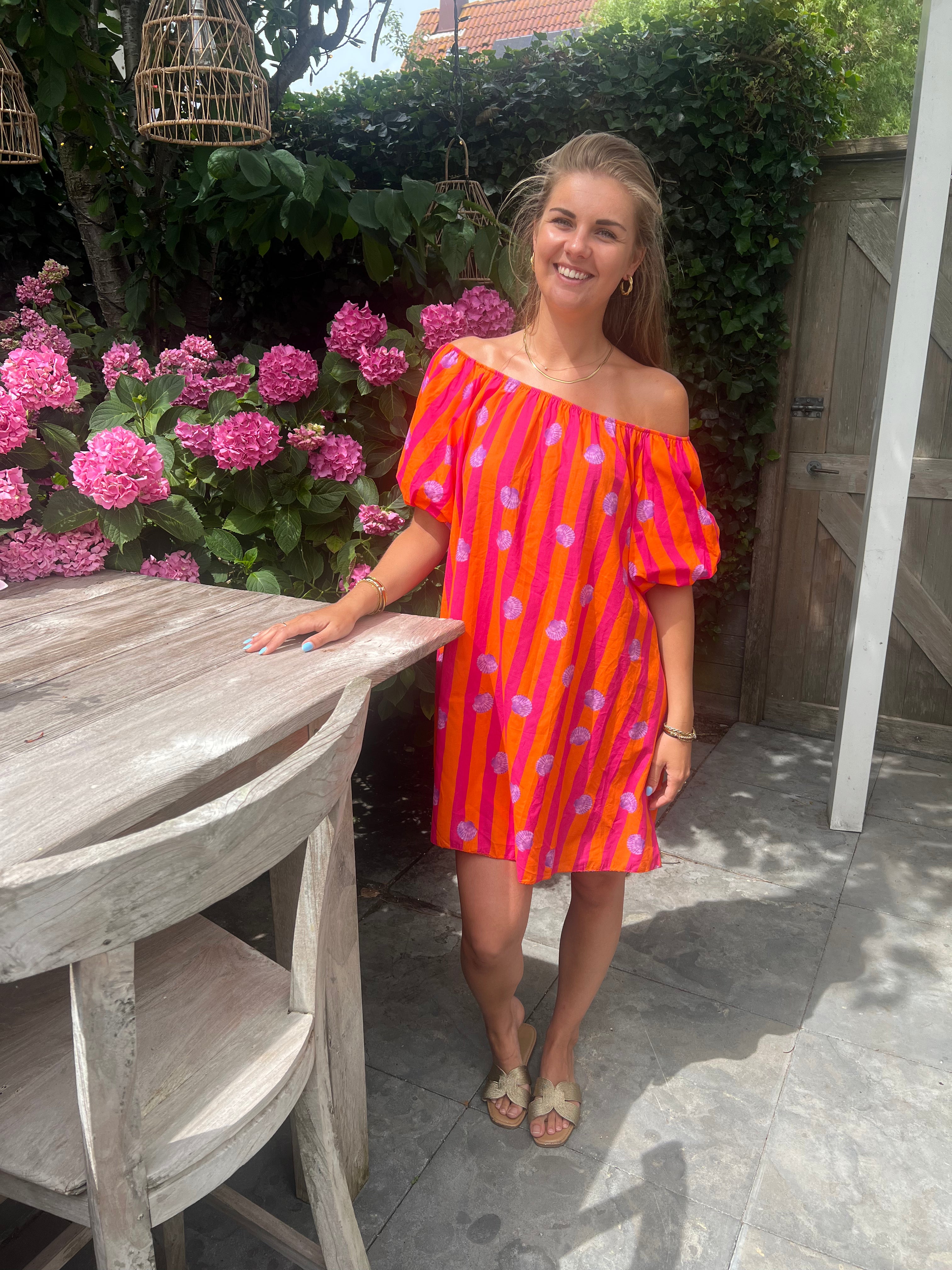 MVD Off-Shoulder Dress Sea Shell Orange & Fuchsia