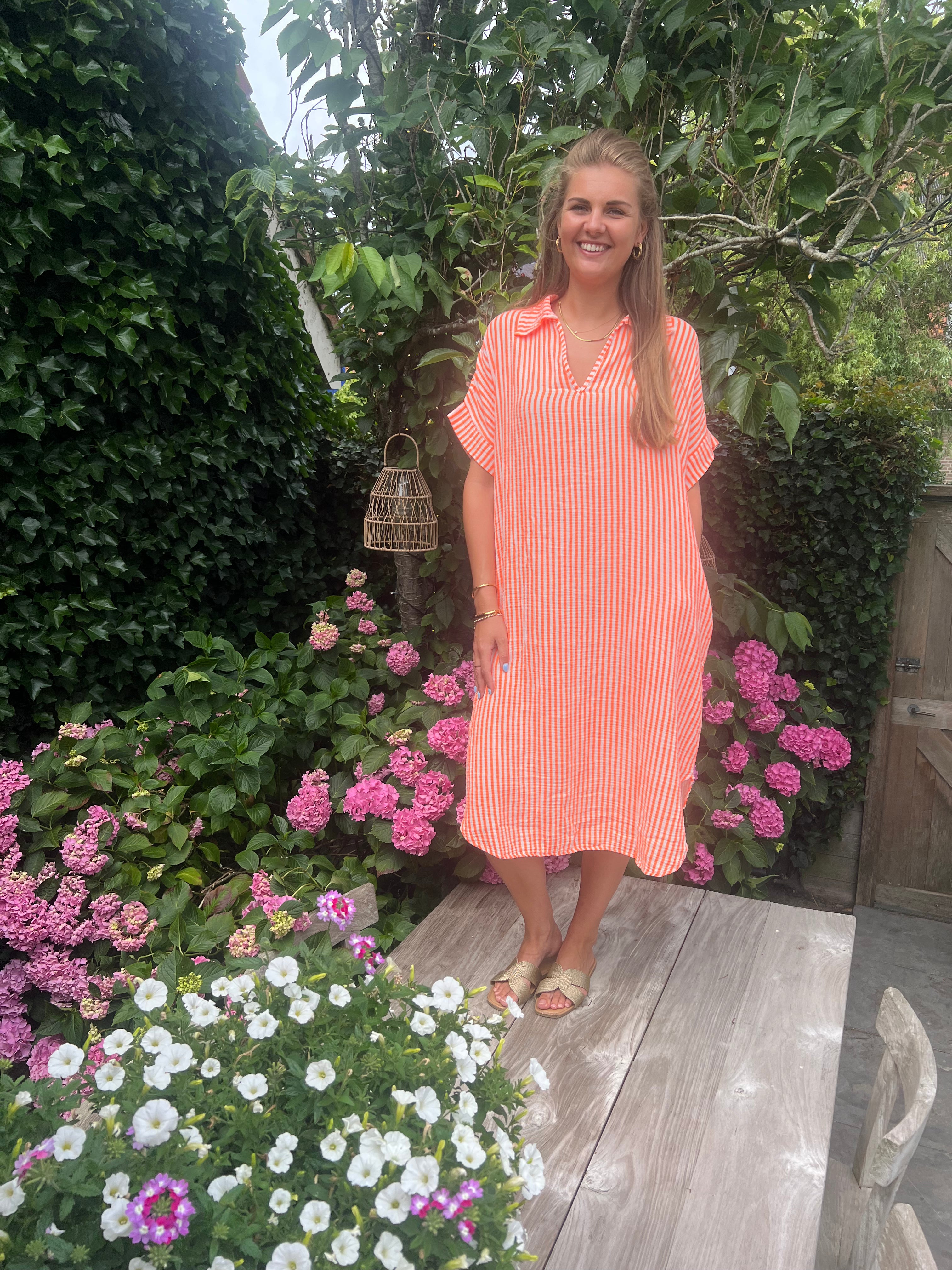MVD Mousseline Streep Jurk Oranje