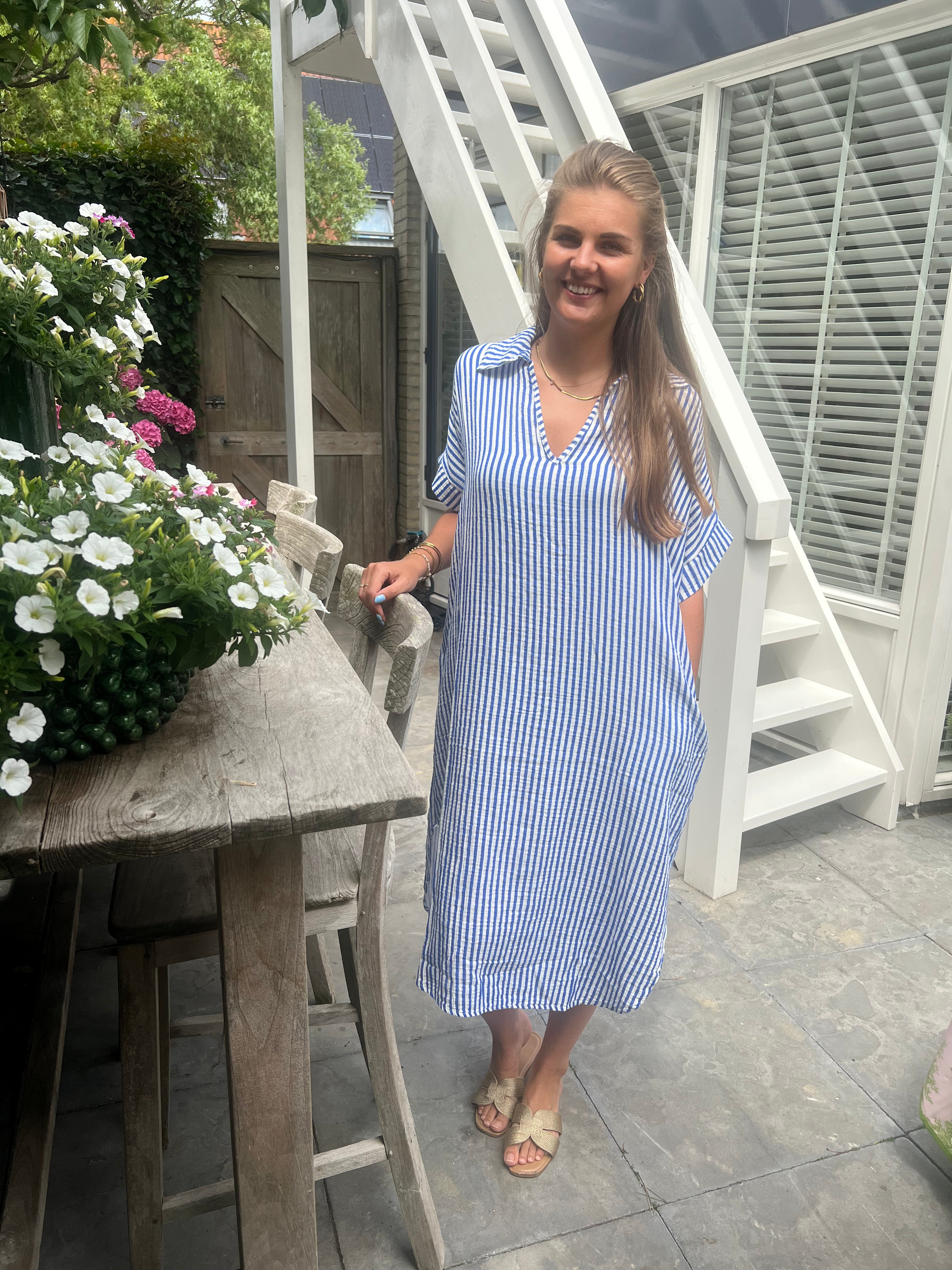 MVD Mousseline Streep Jurk Blauw