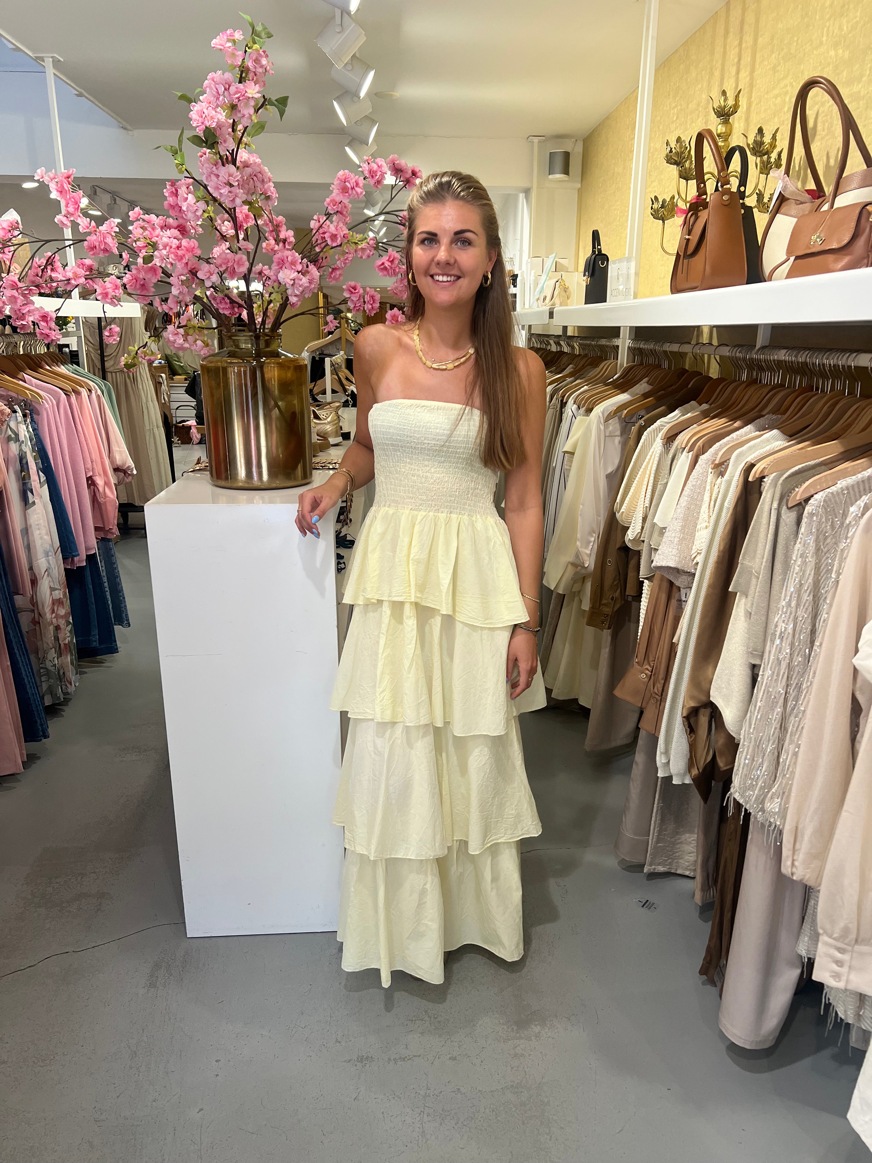 MVD Strapless Maxi Jurk Ruffle Geel