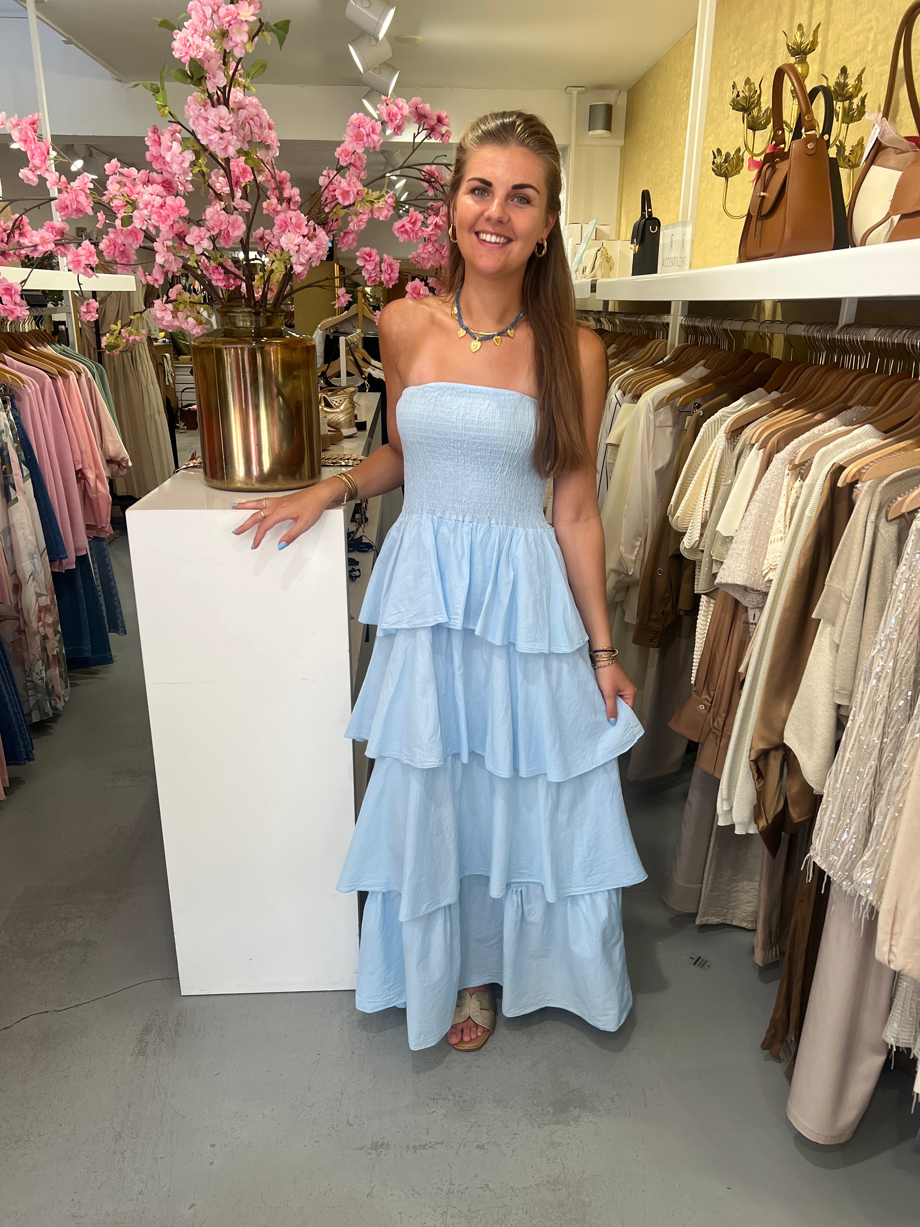 MVD Strapless Maxi Jurk Ruffle Blauw