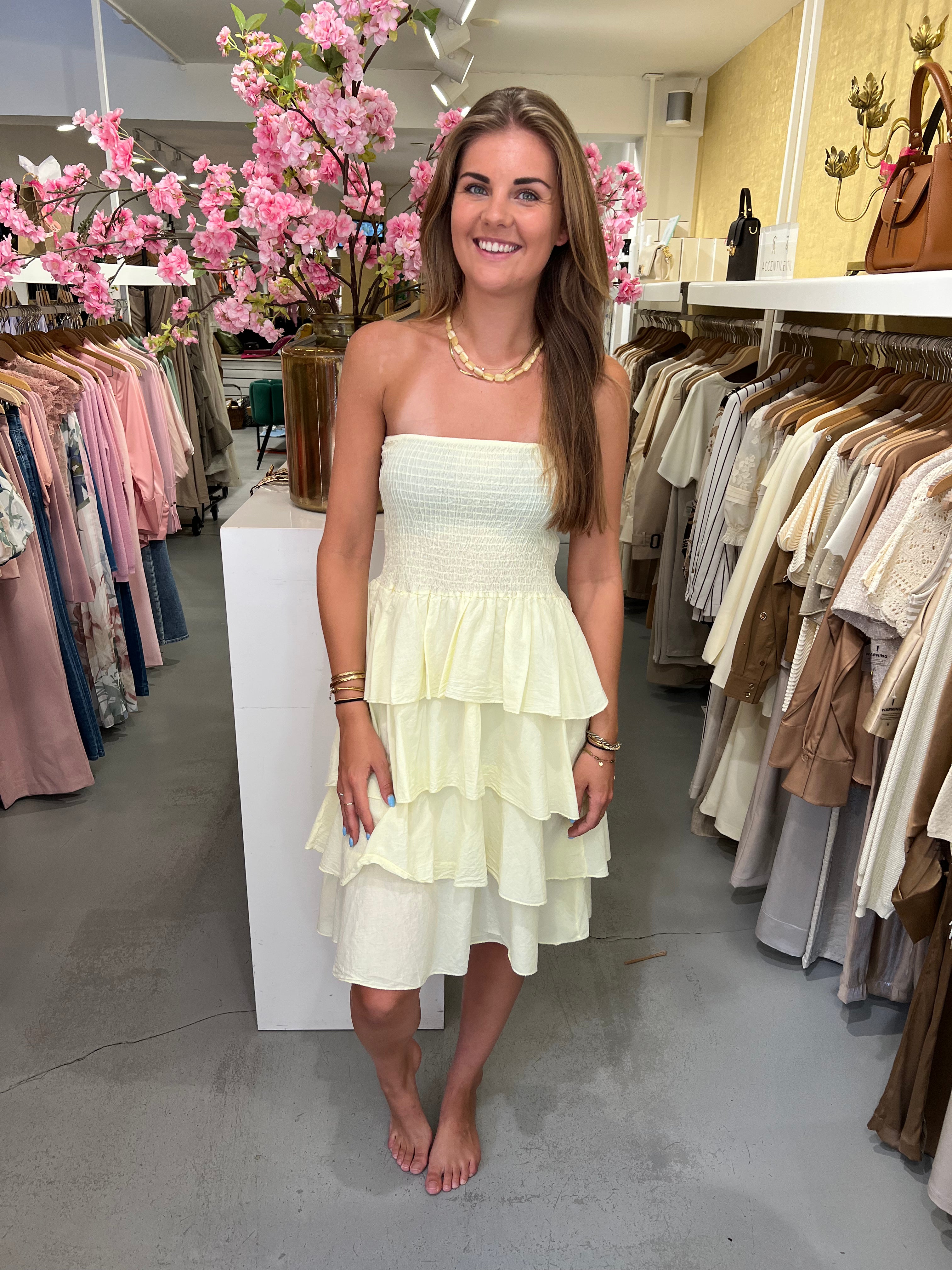 MVD Strapless Midi Jurk Ruffle Butteryellow