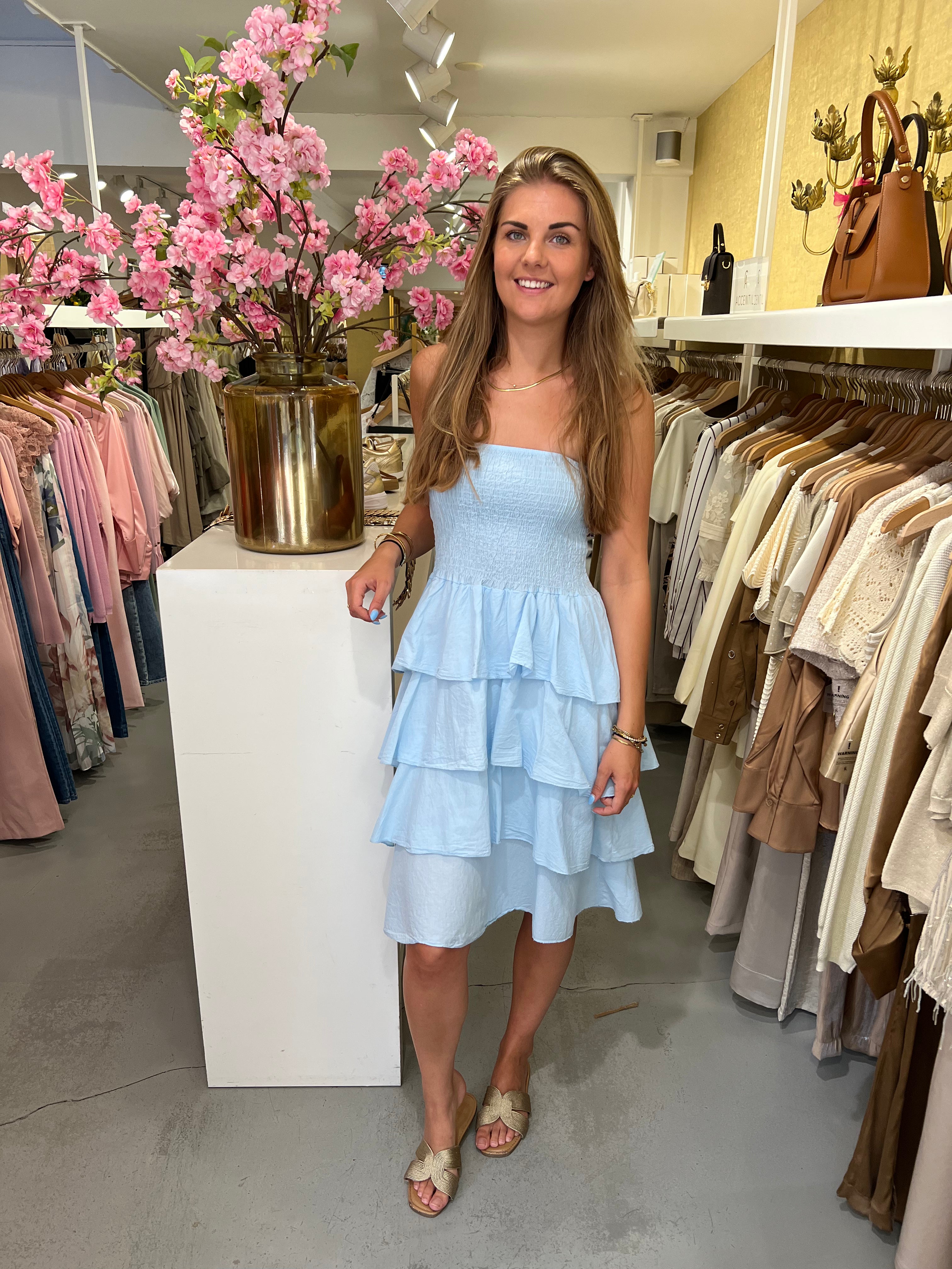 MVD Strapless Midi Jurk Ruffle Blauw