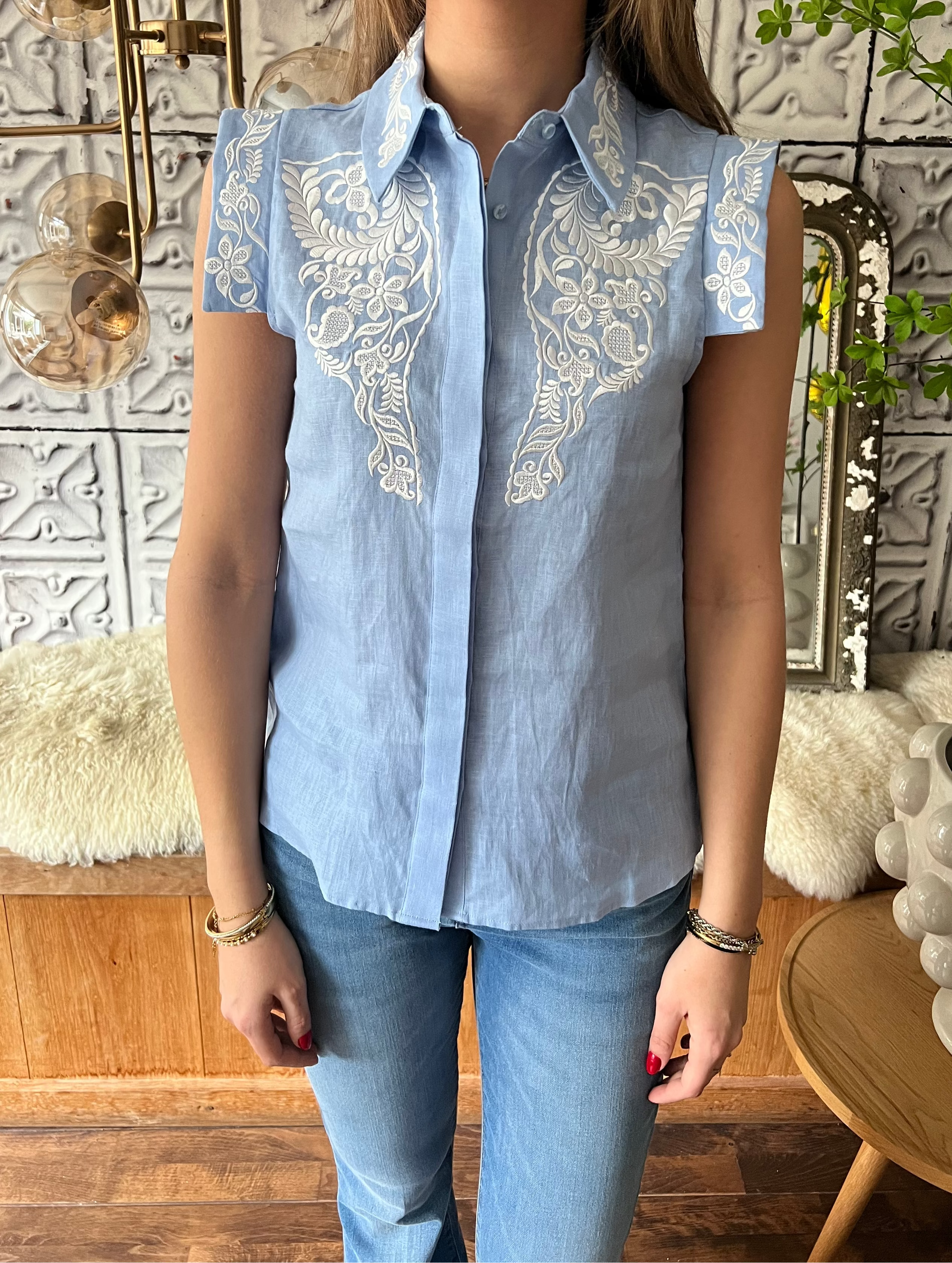 Silvian Heach Embroidered Sleeveless Top – Light Blue