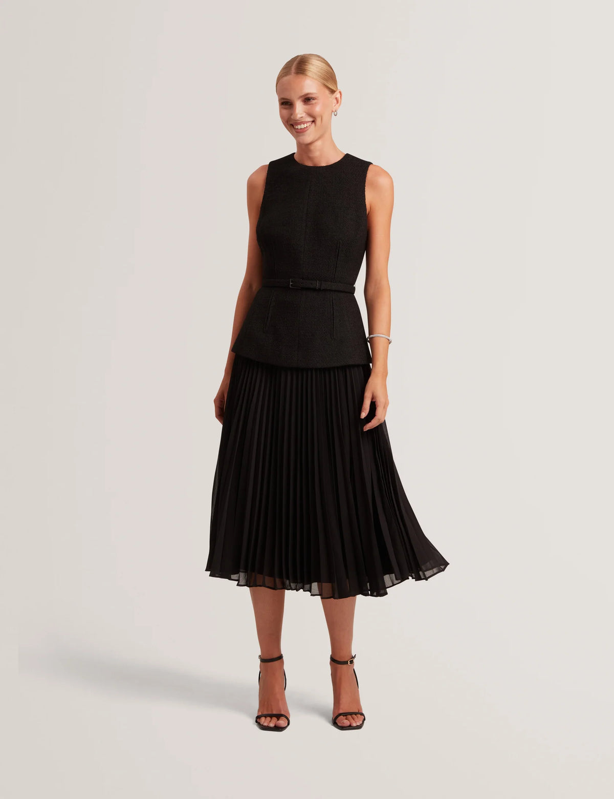 Ted Baker Raddimk Boucle Top Pleated Midi Dress Black