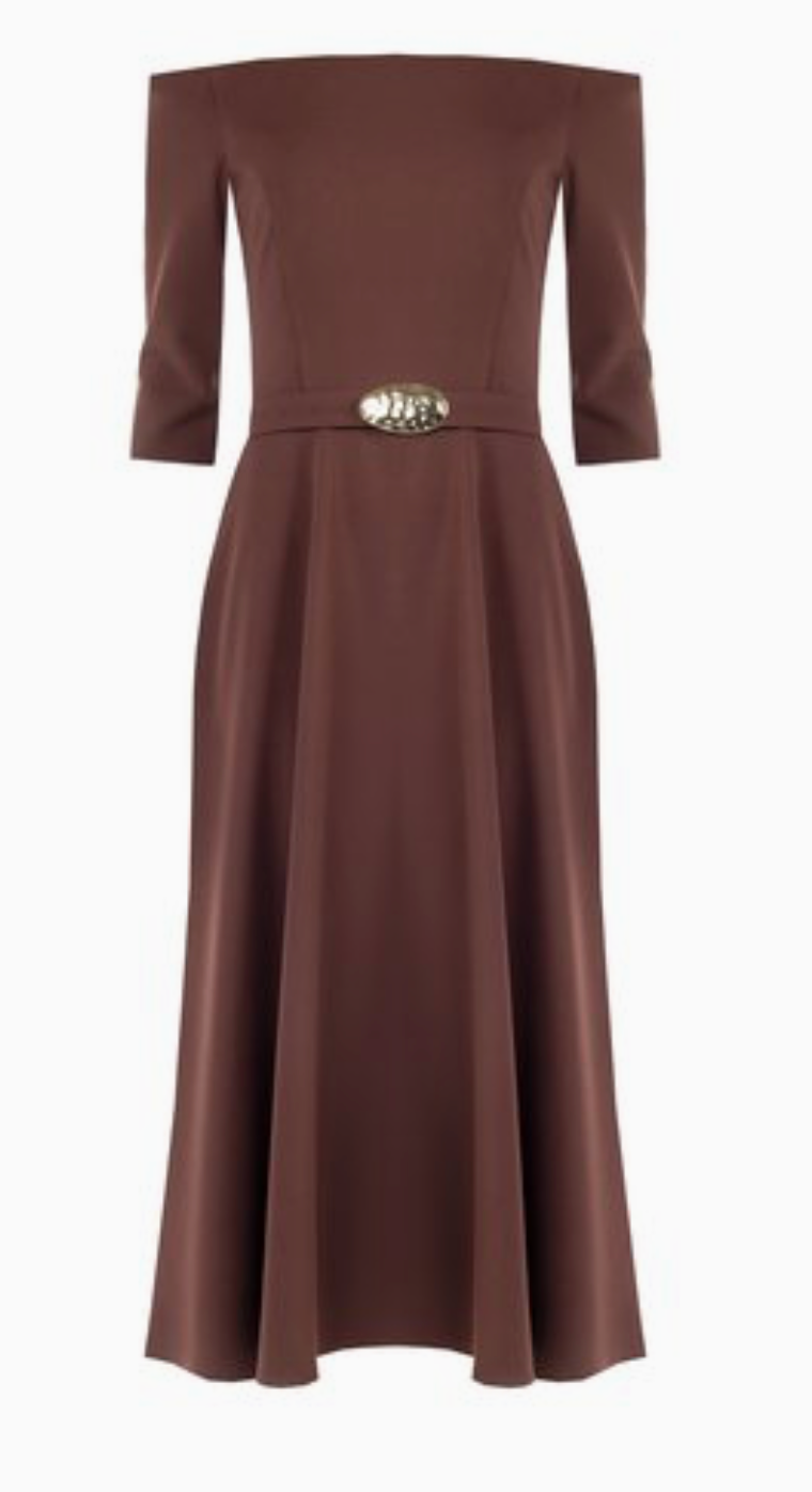 Rinascimento Belted Bateau Neck Midi Dress Bruin