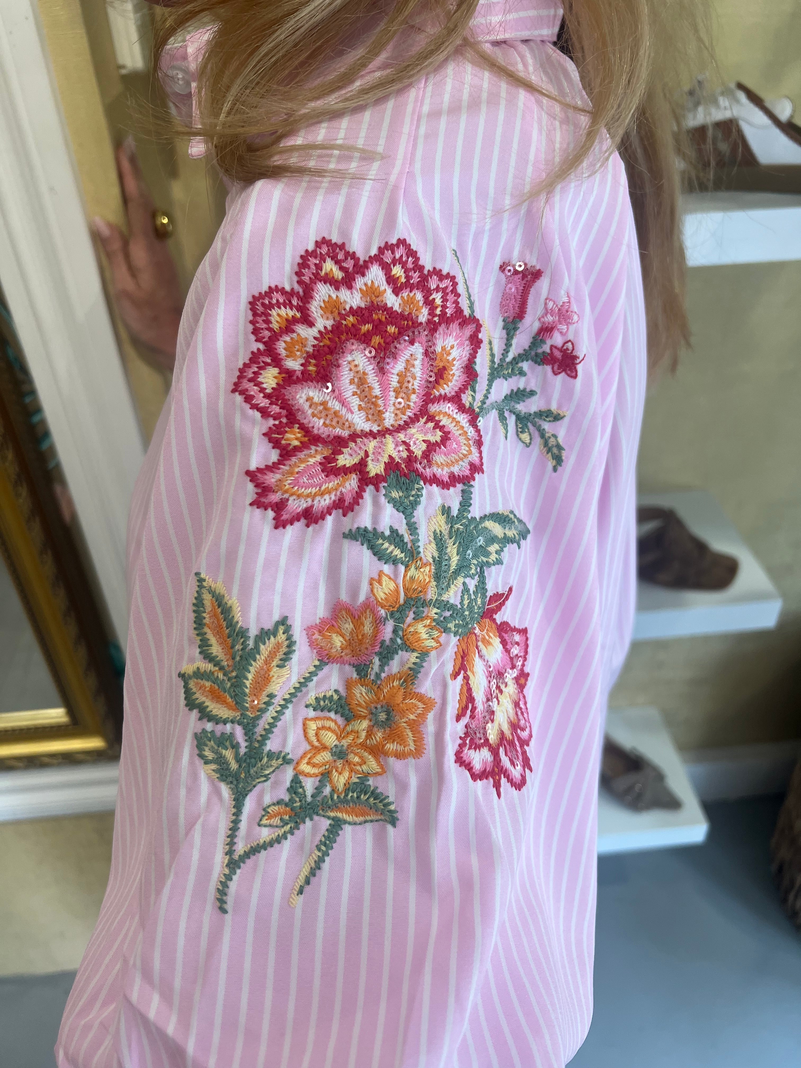 MVD Striped Flower Blouse Pink (korte mouw)