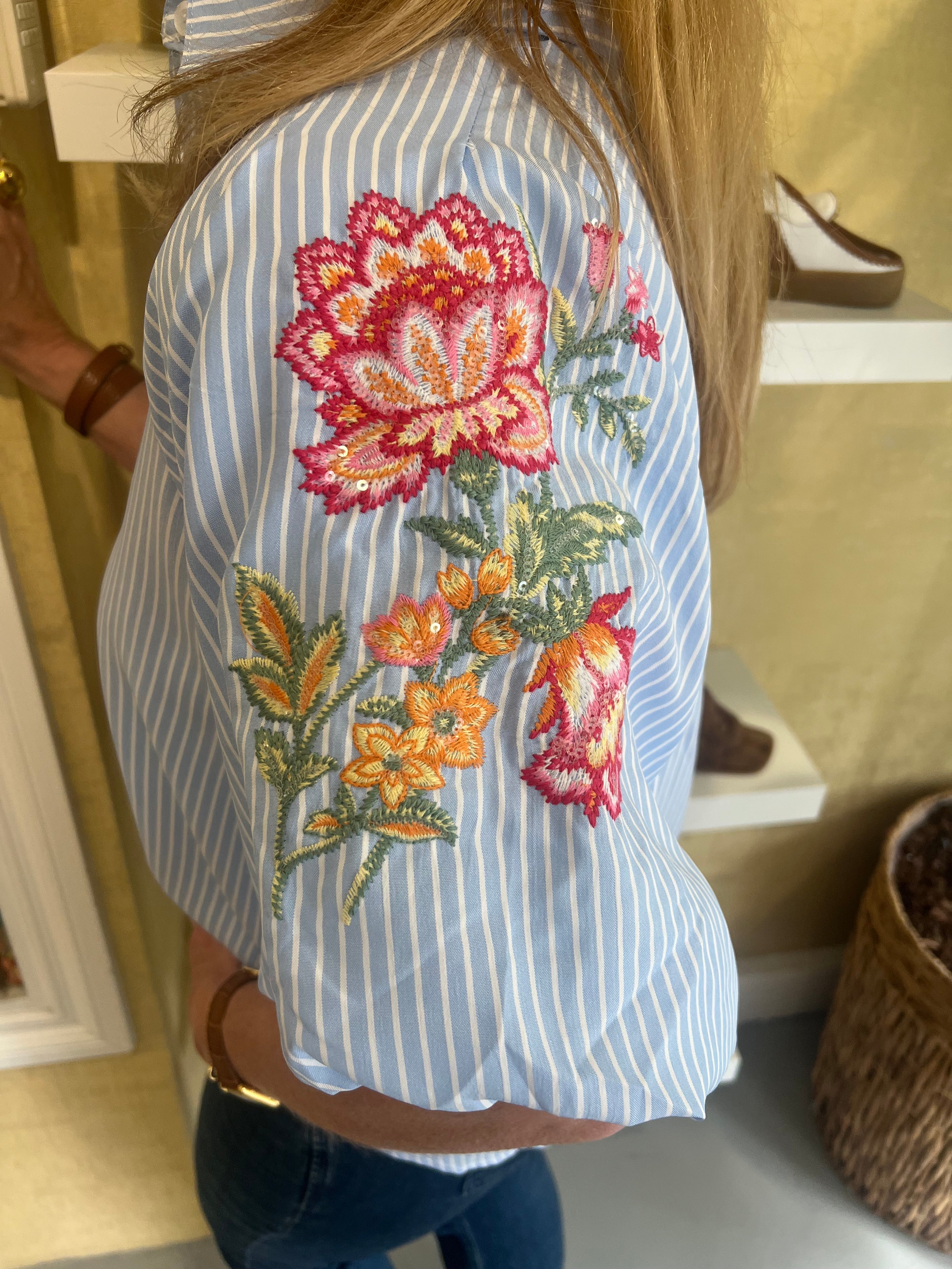 MVD Striped Flower Blouse Blue (korte mouw)
