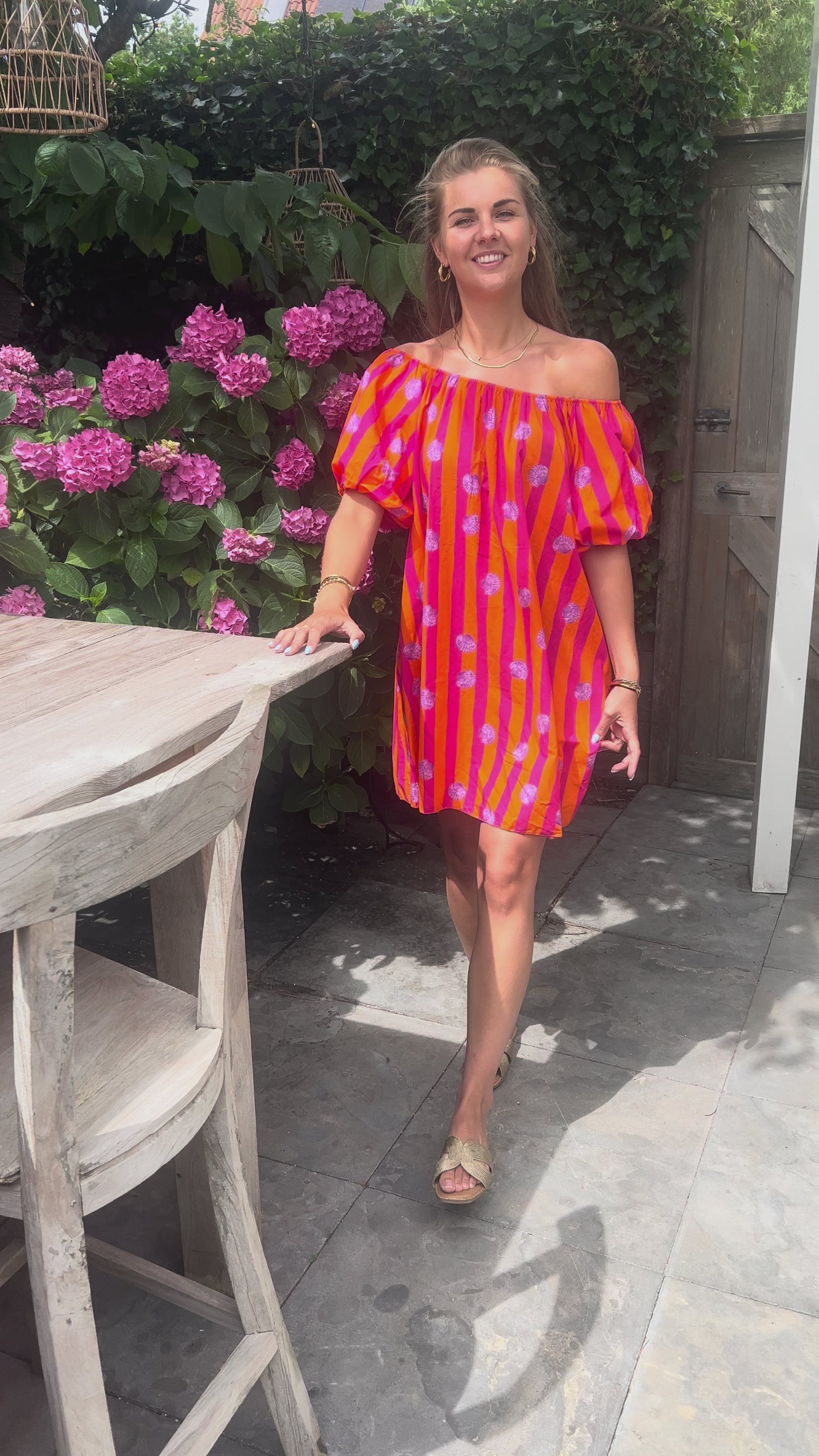 MVD Off-Shoulder Dress Sea Shell Orange & Fuchsia