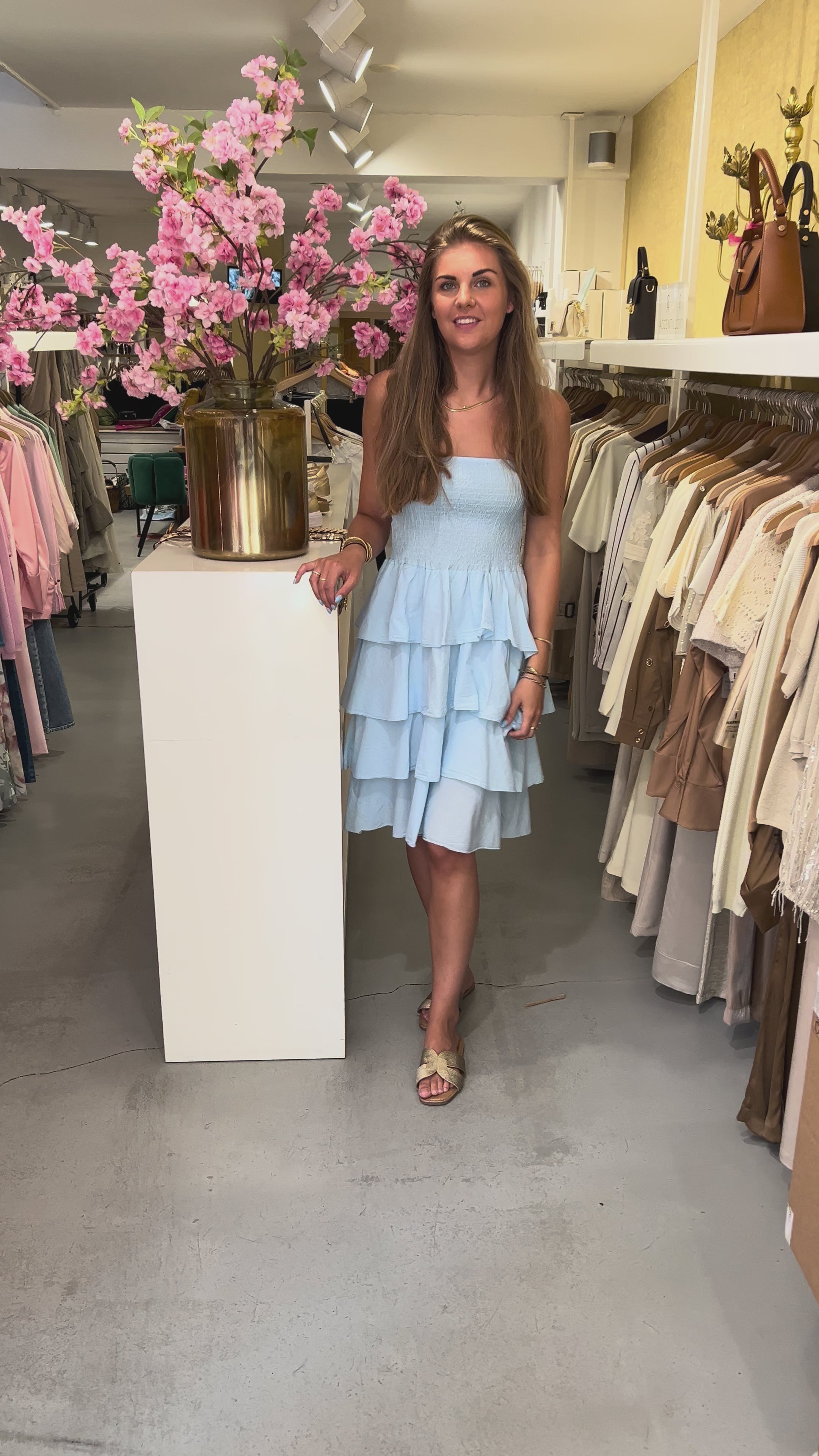 MVD Strapless Midi Jurk Ruffle Blauw