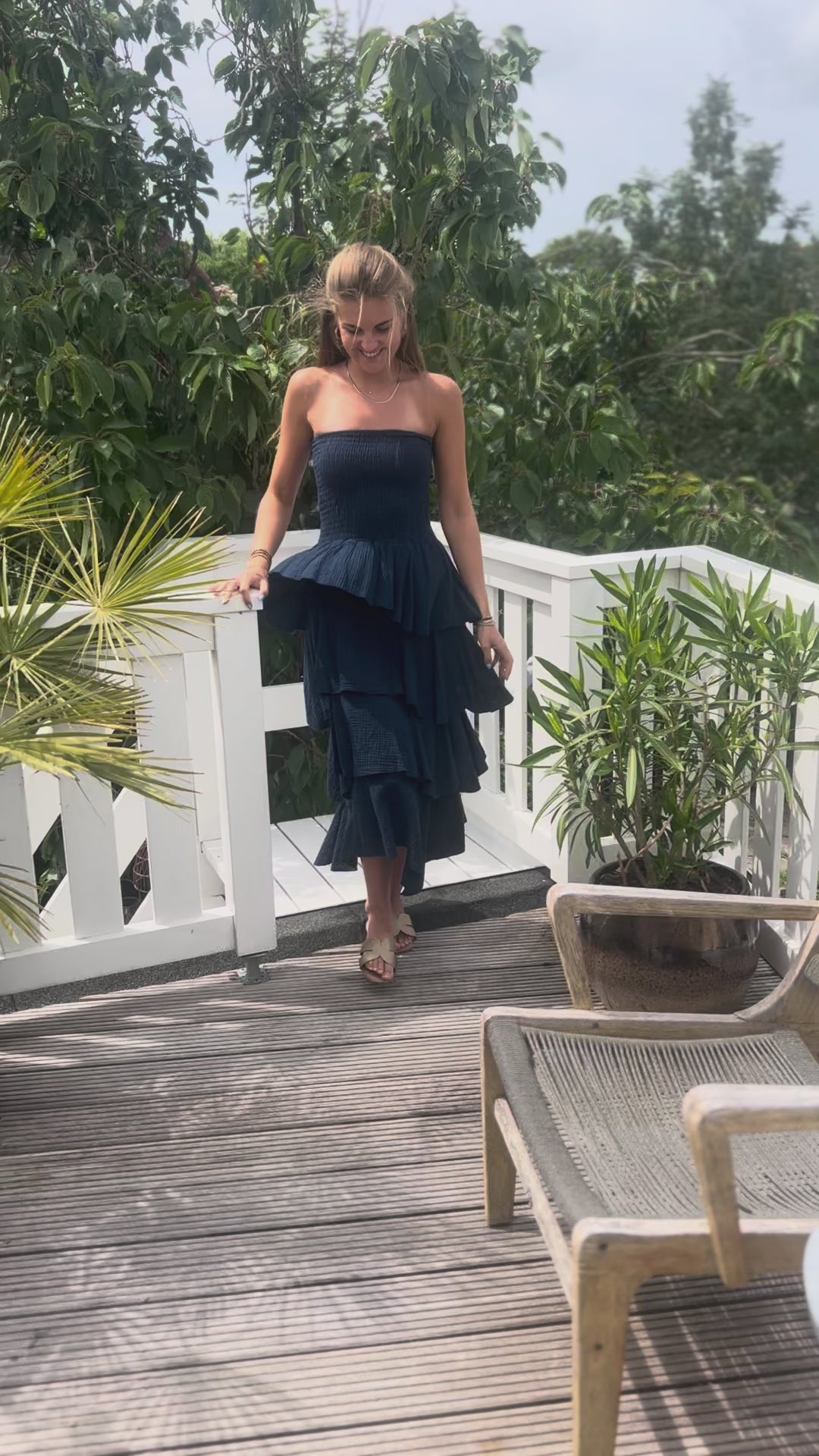MVD Mousseline Strapless Maxi Jurk Navy