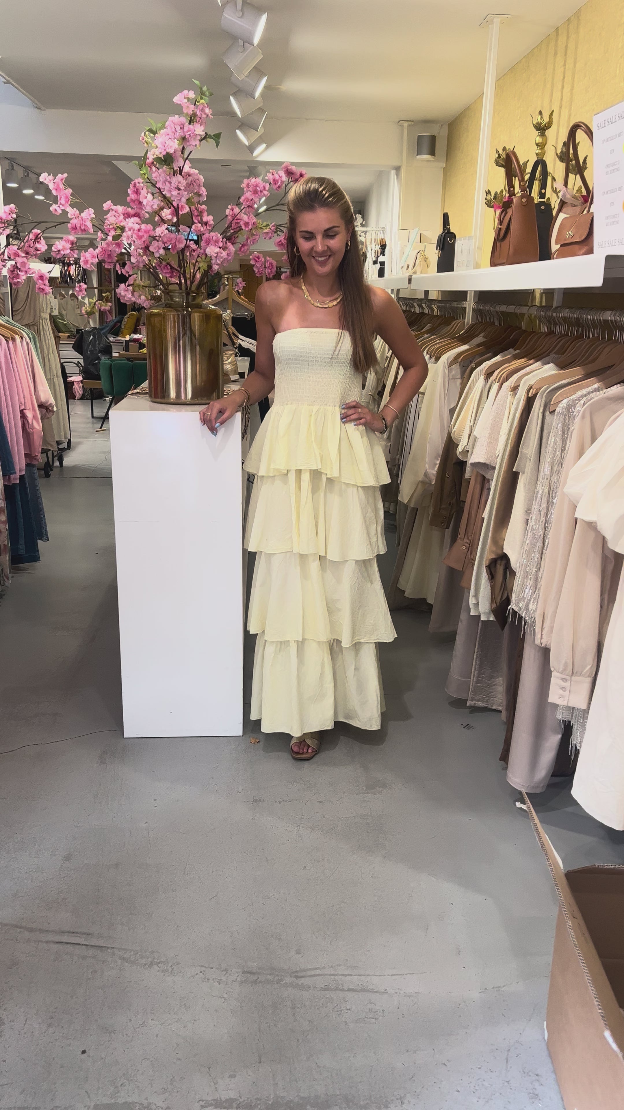 MVD Strapless Maxi Jurk Ruffle Geel