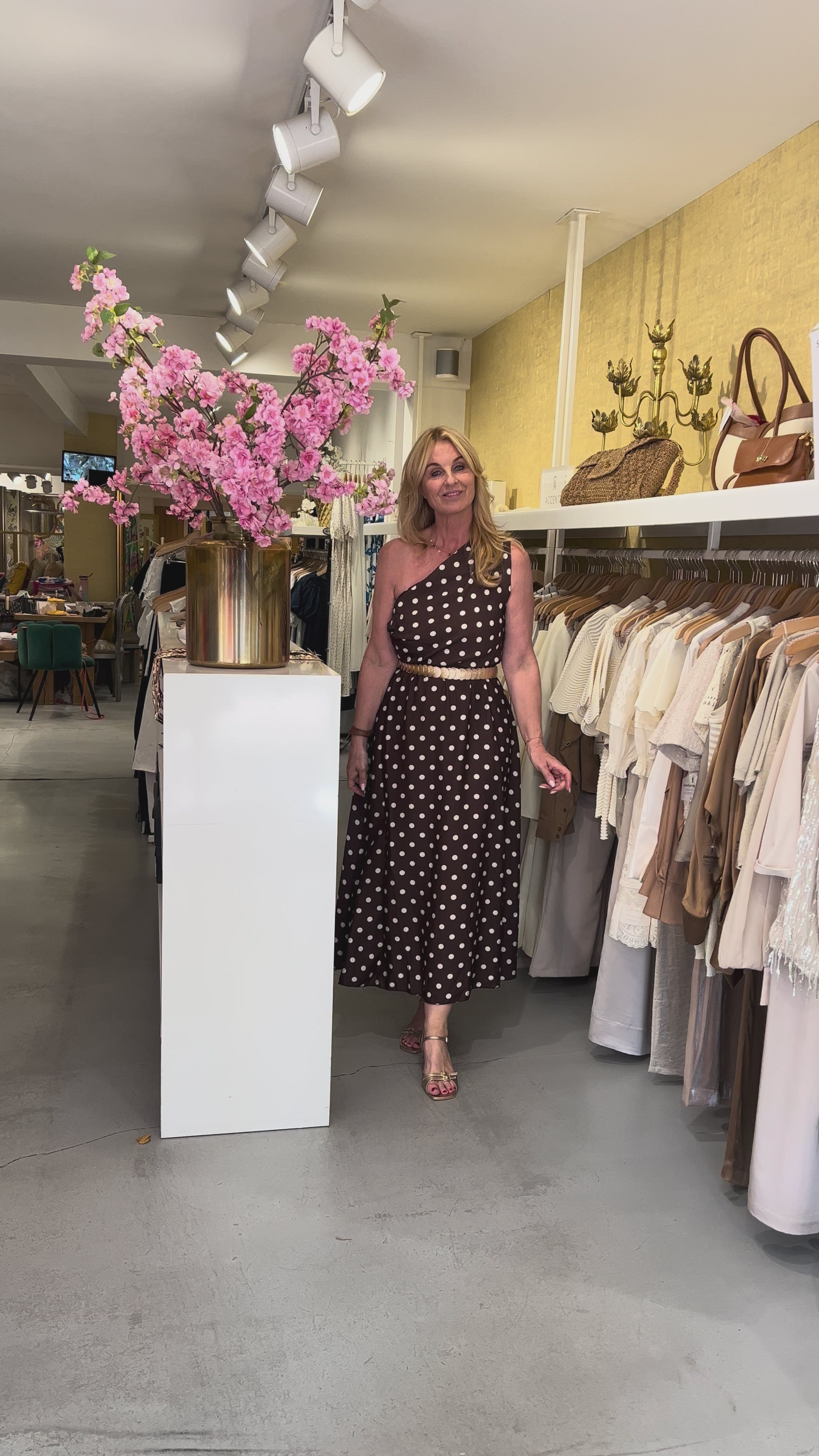 MVD One Shoulder Polkadot Maxi Jurk Brown